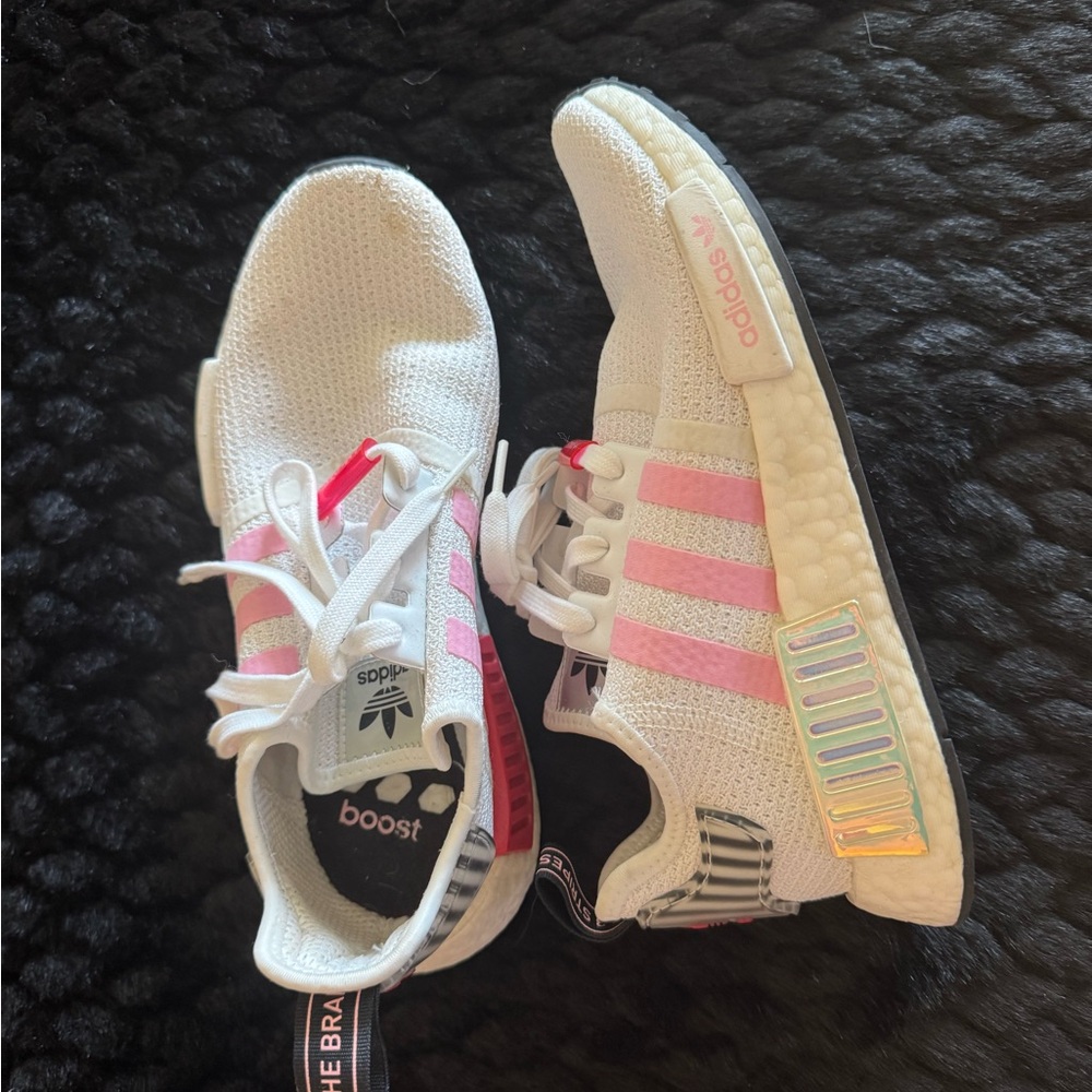 Adidas Women's White and Pink Striped Sneakers
